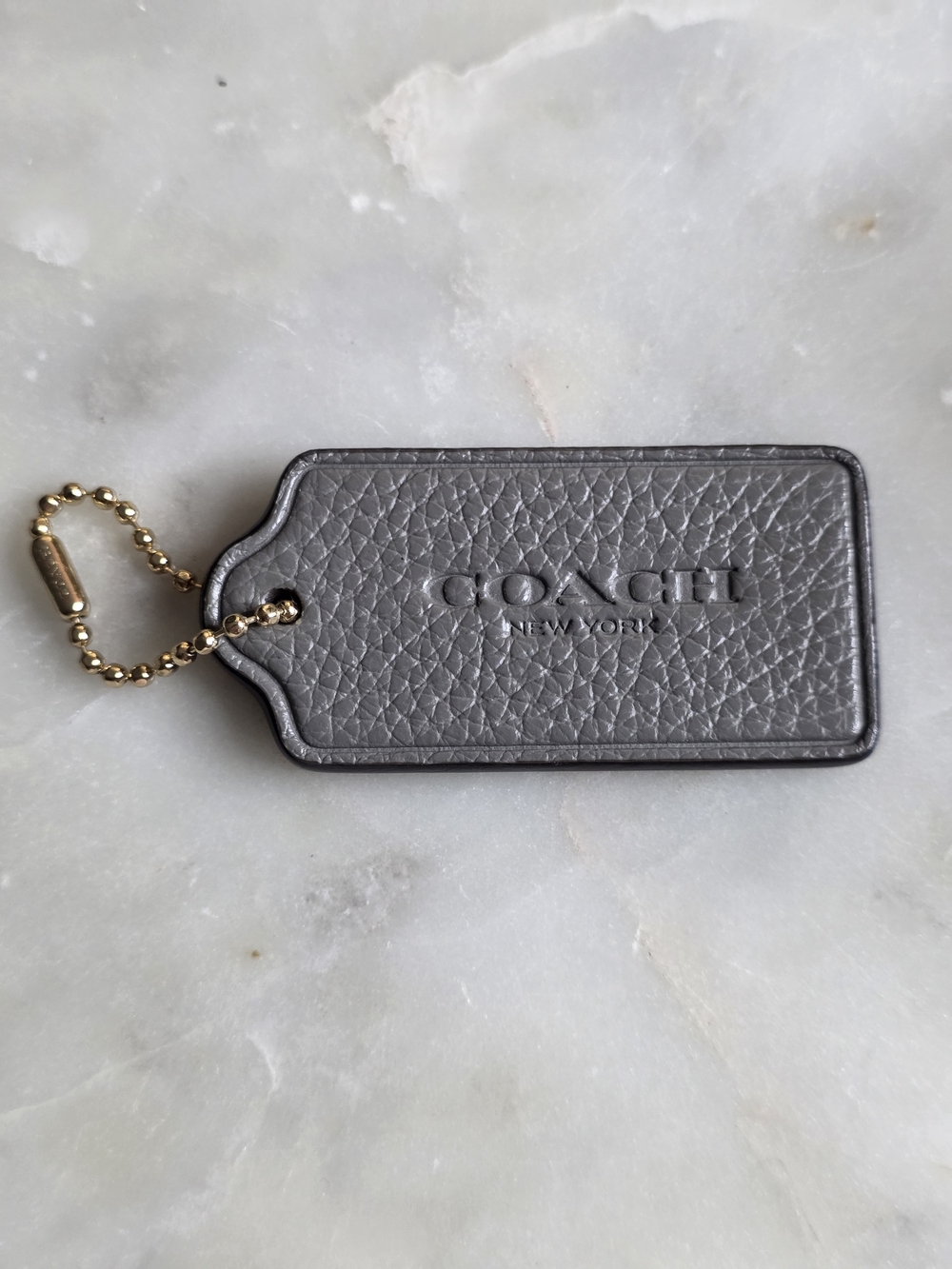 Coach Large Gray Pebbled Leather Hangtag with Gold Ball Chain